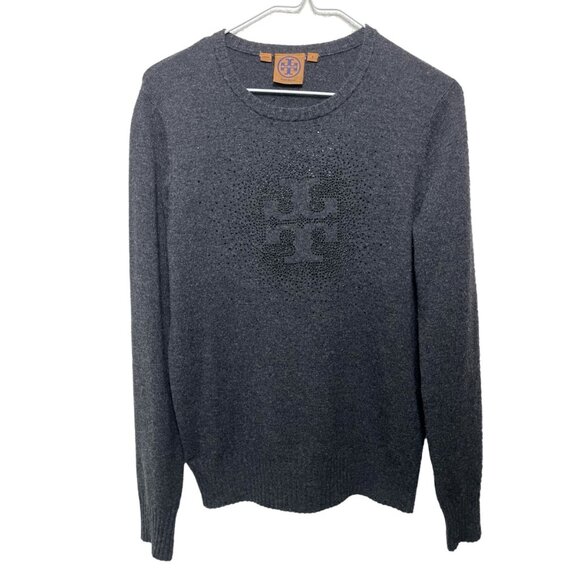 Tory Burch | Sparkle Logo Crewneck Wool Cashmere Blend Grey Sweater - Picture 1 of 6